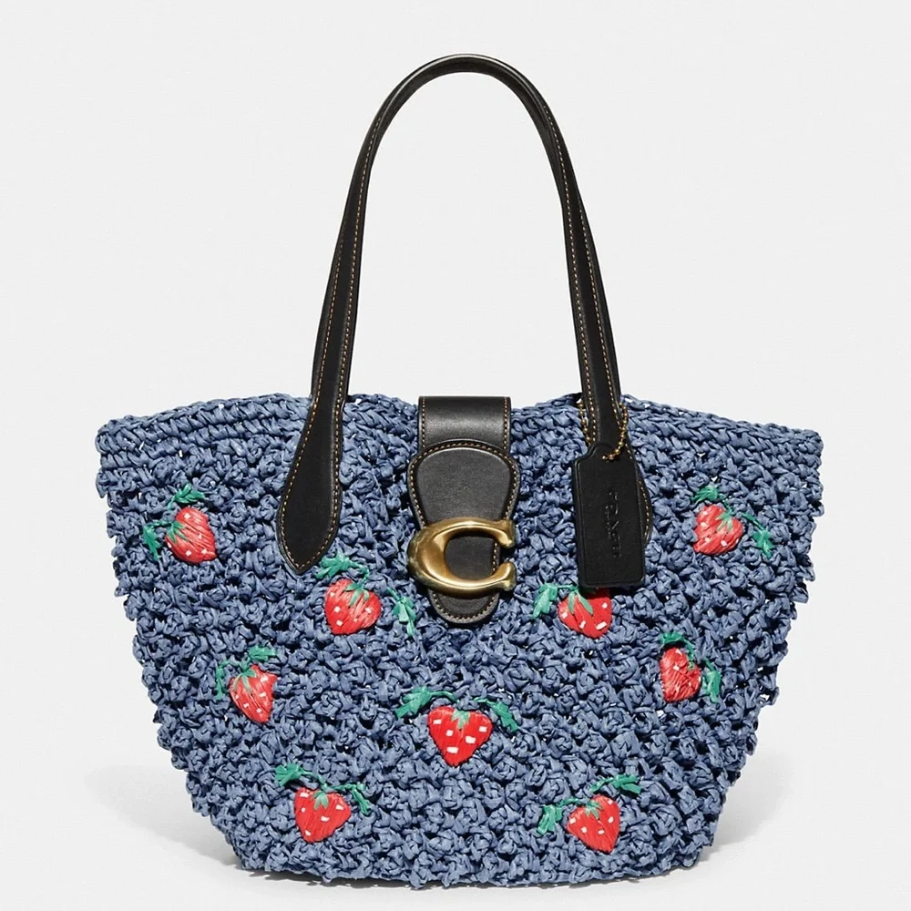 NWOT Coach Small Straw Tote With Strawberry Embroidery CA035 Brass Chambray